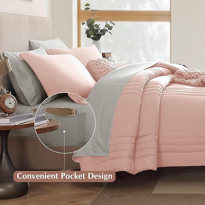 Monbix Twin XL Size Comforter Set - Extra Long 5 Pieces Dorm Bedding Sets, Quilting Design Fluffy Bed in a Bag Twin XL with Sheets, Pillowcase & Sham(Light Pink)