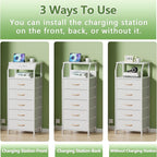 Furnulem 5 Drawers Dresser with Charging Station, Tall Night Stand with Open Shelf, Storage Tower with PVC & Fabric Drawer, Bedside Table for Bedroom, Closet, Entryway, 3 Ways to Use, White