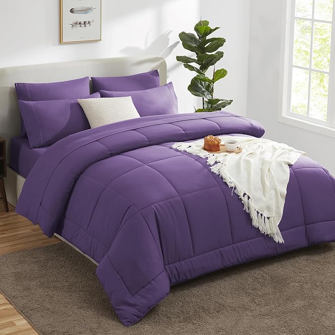 CozyLux Queen Comforter Set Purple, 7 Pieces Bed in a Bag, Purple Comforter Queen Size, All Season Bedding Sets with Stitch Quilted Comforter, Flat Sheet, Fitted Sheet, Pillowcases