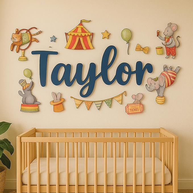 Custom Nursery Name Sign with Themed Decor Kit | Personalized Wooden Wall Art for Baby, Kids Room | Space, Jungle, Circus, Under the Sea, Woodland, Rainbow (20", Circus)