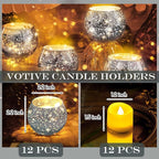 Rtteri 12 Set Votive Candle Holders Wedding Centerpiece Table Decorations Speckled Mercury Glass Votive Candle Holders with Tea Lights Birthday Party Decorations for Home (Silver)