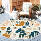 Round Rugs Composition Folk Art Animals Decorative Elements Hand Drawn Boho Area Rug Linen and Cotton Carpet Meditation Washable Hallway Runner Mat Accent for Bedroom Bathroom 3ft, Multi9