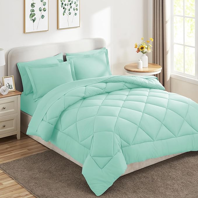 CozyLux Full Size Comforter Sets Mint Green - 7 Pieces Bed in a Bag Full, Luxury Soft Bed Set for All Seasons, Bedding Set with Down Alternative Comforter, Sheets, Pillowcases & Shams