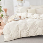 HYMOKEGE Ivory Full Size Comforter Sets Seersucker 7 Pieces, All Season Luxury Bed in a Bag for Bedroom, Bedding Set with Comforters, Sheets, Pillowcases & Shams