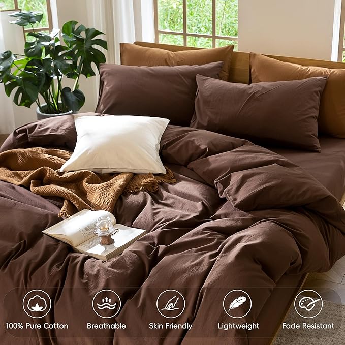 MooMee Bedding Duvet Cover Set 100% Washed Cotton Linen Like Textured Breathable Durable Soft Comfy (Solid Cocoa Brown, Twin 68"x90")