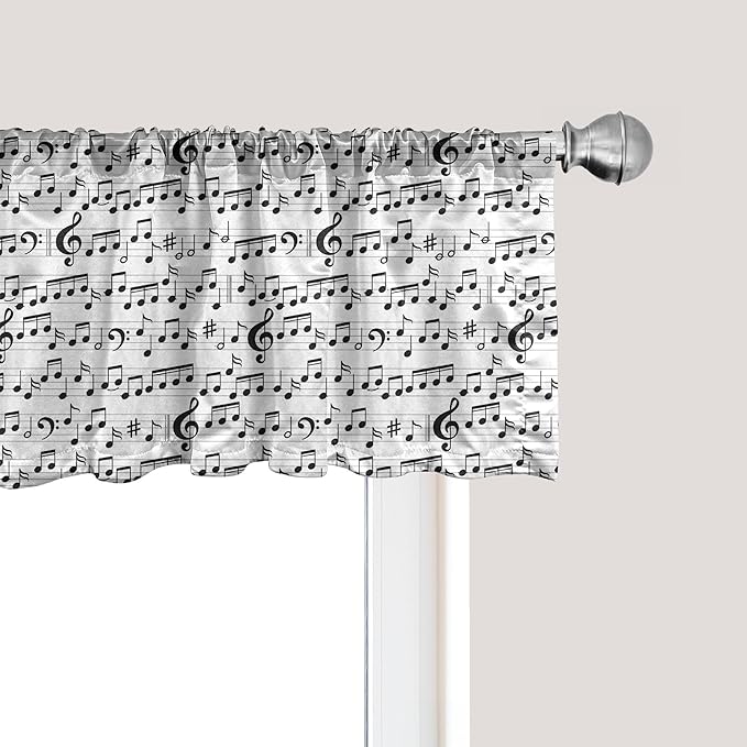 Ambesonne Music Window Valance Pack of 2, Abstract Style Professional Pattern Notes and Clef Sheet Play Writing Print, Rod Pocket Curtain Valances for Kitchen Bedroom, 54" X 12", Black White