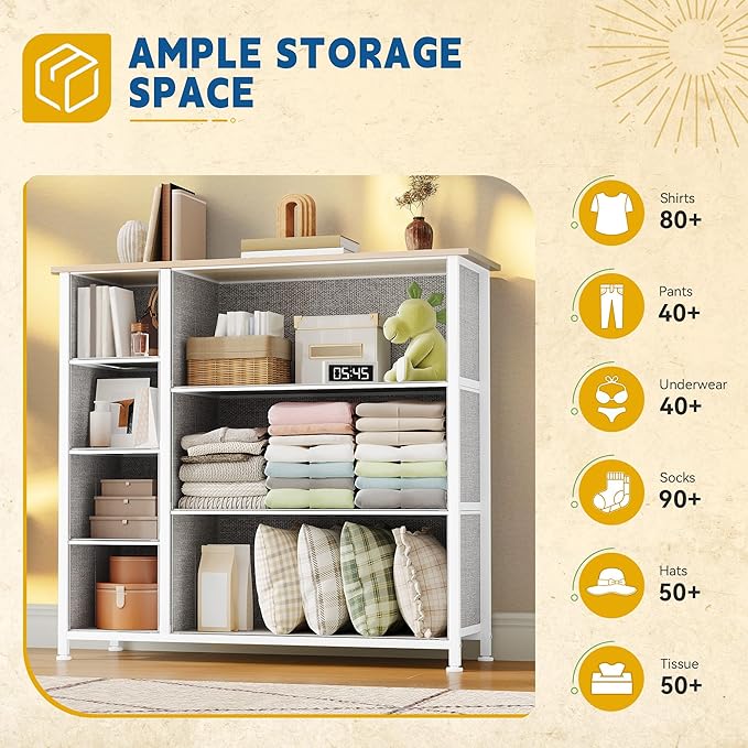 DWVO Dresser for Bedroom, 7 Drawers Fabric Dresser, Organizer Unit for Living Room, Hallway, Closets - Sturdy Steel Frame, Wooden Top & Easy Pull Fabric Bins, Light Gray