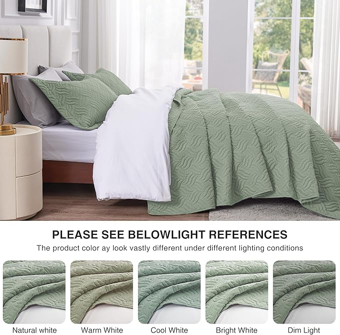 Love's cabin King Size Quilt Bedding Set Sage Bedspreads - Bed Summer Lightweight Bedspread Comforter - Wave Pattern Bedding Coverlet for All Season - 3 Pieces (1 Quilt, 2 Pillow Shams)
