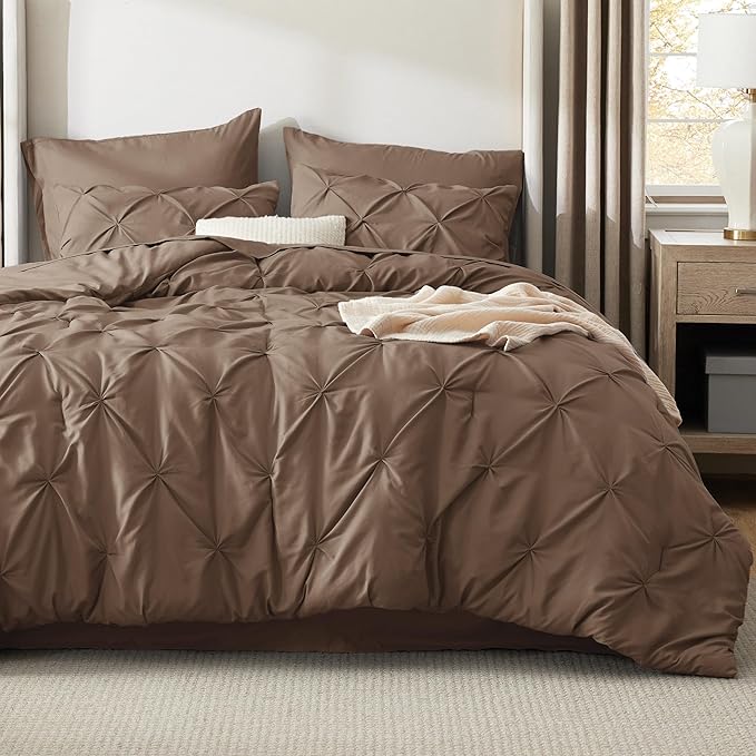 Bedsure Queen Comforter Set Brown - Bed in a Bag Queen Size Bedding 7 Pieces, GentleSoft™ Pintuck Bed Set Gift for Family, Pinch Pleat All Season Comforter with Sheets, Pillowcases & Shams