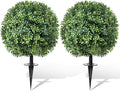 24" Artificial Topiary Boxwood Ball Tree with Ground Spike, Set of 2, UV Resistant Outside Fake Bushes Plants, Faux Cedar Balls Faux Shrubs Plastic Plants for Outdoor Indoor Front Porch Garden Decor