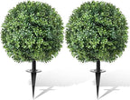24" Artificial Topiary Boxwood Ball Tree with Ground Spike, Set of 2, UV Resistant Outside Fake Bushes Plants, Faux Cedar Balls Faux Shrubs Plastic Plants for Outdoor Indoor Front Porch Garden Decor