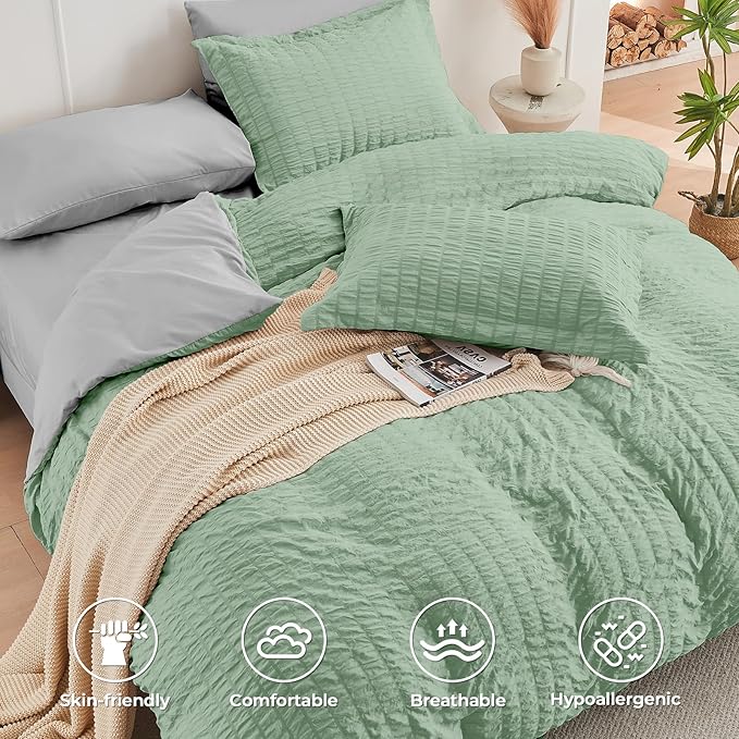 HYMOKEGE Sage Green/Light Grey Full Size Comforter Sets Seersucker 7 Pieces, All Season Luxury Bed in a Bag for Bedroom, Bedding Set with Comforter, Sheets, Pillowcases & Shams