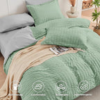 HYMOKEGE Sage Green/Light Grey California King Comforter Set Seersucker 7 Pieces, All Season Luxury Bed in a Bag for Bedroom, Bedding Set with Comforter, Sheets, Pillowcases & Shams