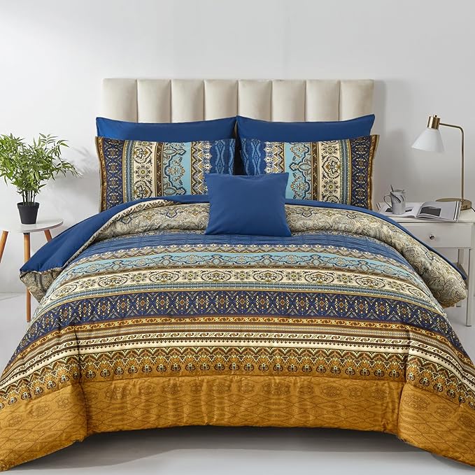 Cottolester Boho King Comforter Set 8 Pieces,Brown Blue Bohemian Comforter Paisley Striped Bed in A Bag,Soft Microfiber Bedding Set for All Season
