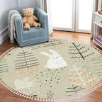 Round Rugs Forest Funny Rabbits Hand Drawn for Kids Fabric Wrapping Boho Area Rug Linen and Cotton Carpet Meditation Rug Washable Hallway Runner Mat Accent Rug for Bedroom Bathroom 3ft
