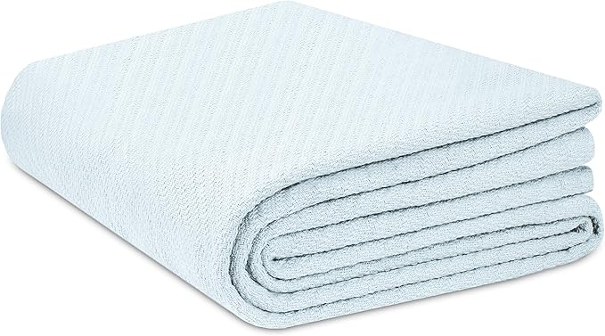 COTTON CRAFT Soft Cotton Thermal Blanket - Plush Herringbone Twill- All Season Luxurious Breathable Skin Friendly Lightweight Cooling Throw Blanket -Sofa Couch Travel Camping Dorm- Full Queen Sky Blue
