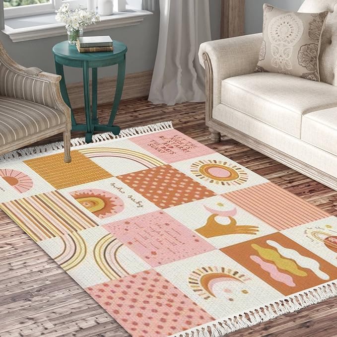 Boho Rug Baby Celestial Quilt Patchwork Sun Moon Rainbow Space Scandinavian Chic Area Rug Hallway Runner Rug Mat Minimalist Home Decor for Living Room Bedroom Nursery Playroom Classroom