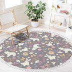 Round Rugs Autumn Forest Cute Bear Rabbit Flowers Butterflies Cartoon Boho Area Rug Linen and Cotton Carpet Meditation Rug Washable Hallway Runner Mat Accent Rug for Bedroom Bathroom 4ft