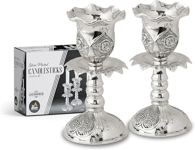 Ner Mitzvah Silver Plated Candlesticks, Pair of 4 Inch Ornate Candle Holders with Round Base and Floral Design (Pack of 2)