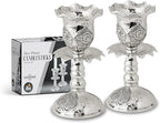 Ner Mitzvah Silver Plated Candlesticks, Pair of 4 Inch Ornate Candle Holders with Round Base and Floral Design (Pack of 2)