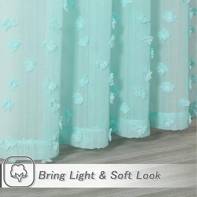 MYSKY HOME Pom Pom Aqua Sheer Curtains for Bedroom Living Room Light Filtering Semi-Sheer Curtains for Nursery Girls Kids Room Rod Pocket Boho Voile Draperies Aqua 52 x 95 inch 2 Panels