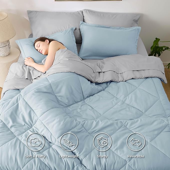 Bedsure Queen Comforter Set - 7 Pieces Reversible Sky Blue Bedding, Queen Size Bed Set for All Seasons, Bed in a Bag with Down Alternative Comforter, Sheets, Pillowcases & Shams