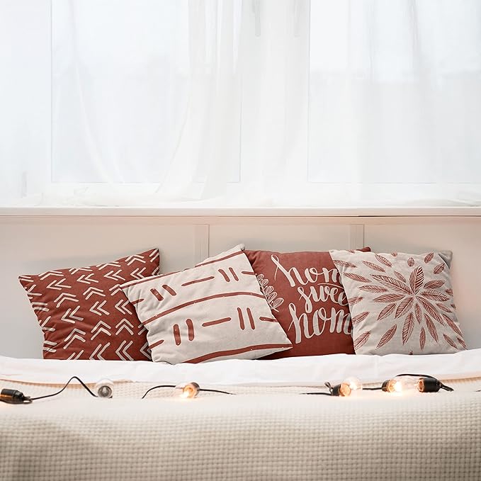 Ambesonne Modern Throw Pillow Cushion Case Pack of 4, Scandinavian Minimal Ornaments Boho Feather Leaves and Home Phrase Print, Modern Accent Double-Sided Digital Printing, 20", Pale Tan and Dark Rust