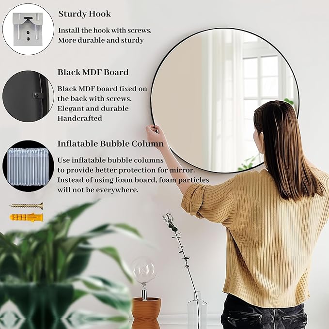 Round Mirror 22 inch, Black Circle Mirror, Round Wall Mirrors Metal Frame, Circle Mirrors for Living Room, Bathroom, Wall, Entryway, Rustic.