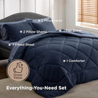 Bedsure Queen Comforter Set - 7 Pieces Reversible Navy Blue Bedding, Queen Size Bed Set for All Seasons, Bed in a Bag with Down Alternative Comforter, Sheets, Pillowcases & Shams