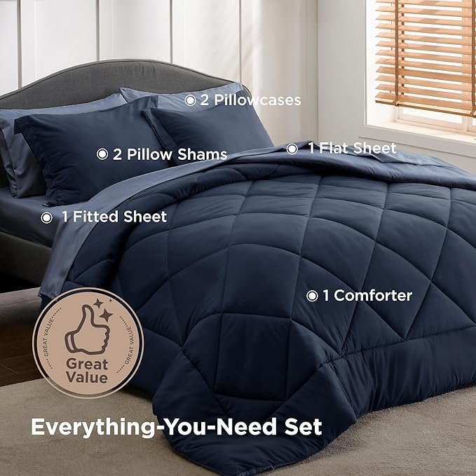 Bedsure Full Comforter Set - 7 Pieces Reversible Navy Blue Bedding, Full Size Bed Set for All Seasons, Bed in a Bag with Down Alternative Comforter, Sheets, Pillowcases & Shams