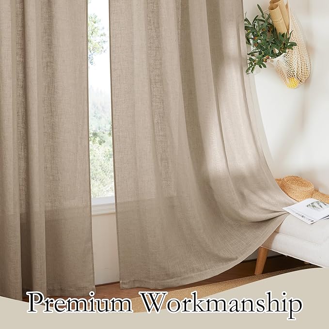 RYB HOME Linen Curtains for Living Room, Thick Linen Burlap 72 Inch Length Light Filtering Privacy Assured Breathable for Bathroom Dining Room Doorway, W 34 x L 72 inches, Khaki, 2 Panels Set