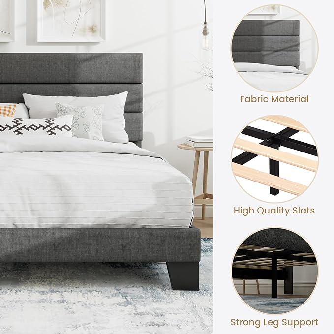 SHA CERLIN King Platform Bed Frame with Upholstered Fabric Headboard, Mattress Foundation with Strong Wooden Slats Support, No Box Spring Needed, Grey