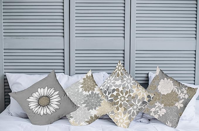 Ambesonne Floral Throw Pillow Cushion Case Pack of 4, Flower Petals Modern Color Palette Chamomile Peony Dahlia and Sunflower Print, Modern Accent Double-Sided Digital Printing, 24", Slate Brown Grey