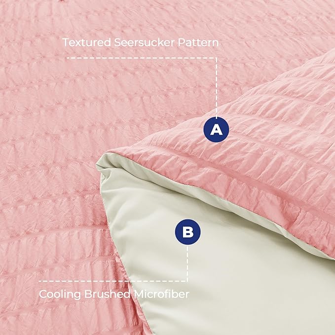 HYMOKEGE Pink/Ivory Full Size Comforter Sets Seersucker 7 Pieces, All Season Luxury Bed in a Bag for Bedroom, Bedding Set with Comforter, Sheets, Pillowcases & Shams