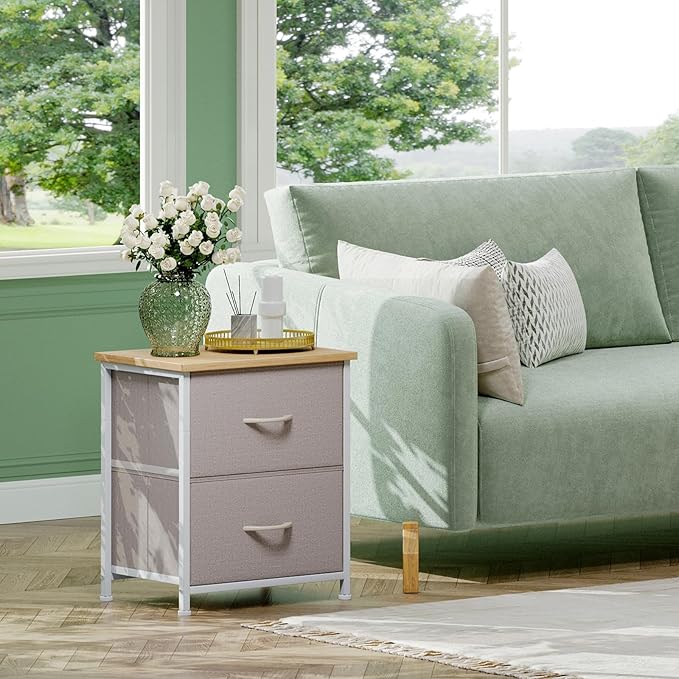 Somdot Nightstand Set of 2, Small Dresser for Bedroom with 2 Drawers, Bedside Table Night Stand End Table with Fabric Bins for Bedroom Kids Closet Dorm Guest Room, Ash Grey