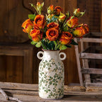 Vintage Pastoral Vase with Handles, Green and Beige Retro Ceramic Flower Vase, Rustic Farmhouse Vases Chinoiserie Floral Large Vase for Home Decor, Living Room, Kitchen, Bedroom and Shelf 9.1 Inch