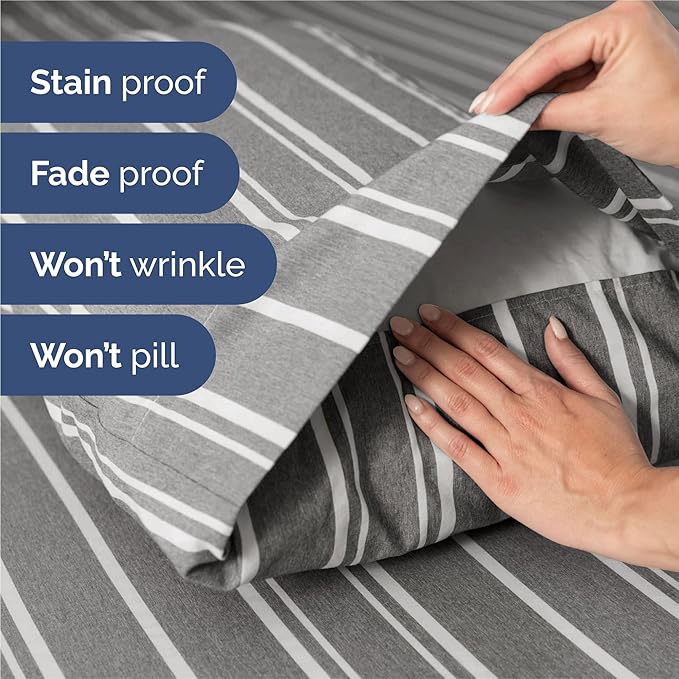 Split King 7 Piece Sheet Set - Comfy Breathable & Cooling - Soft Hotel Luxury Bedding Set w/ 8-16 Inch Deep Pockets - 1 Flat & 2 Fitted Sheet & 4 Pillowcases - Cozy and Wrinkle Free - Grey Stripes 3