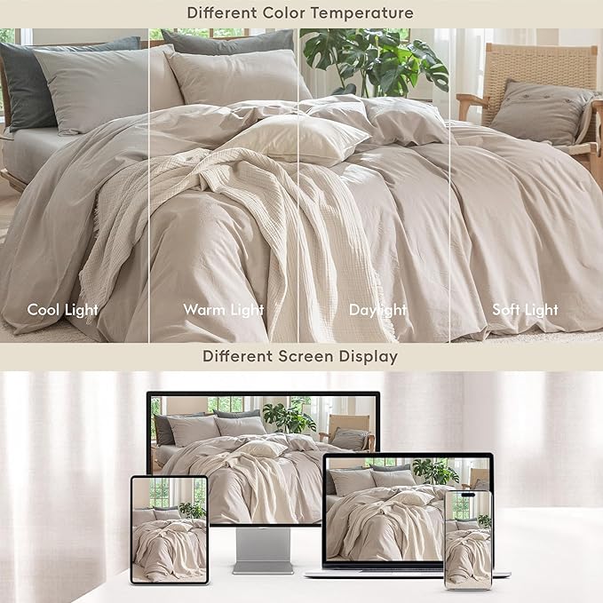 MooMee Bedding Duvet Cover Set 100% Washed Cotton Linen Like Textured Breathable Durable Soft Comfy (Solid Light Tan, Oversized King Plus 128"x120")