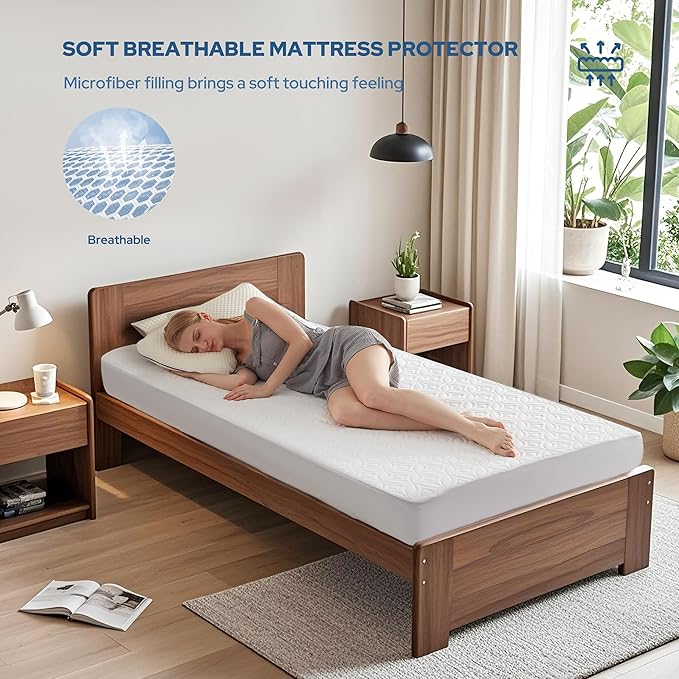 BEDLORE Waterproof Mattress Protector, Twin Size Mattress Pad with Deep Pocket 6"-15" Depth, Soft Breathable Single Bed Mattress Cover for Bedroom, Dorm Room (White)