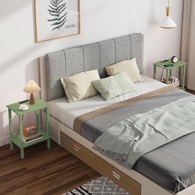 TUTOTAK End Table with Charging Station, Small Side Table with Outlets, Nightstand Bedside Table, 2-Tier Storage Shelf for Small Space, Living Room, Bedroom, Olive Green TB01BOG040
