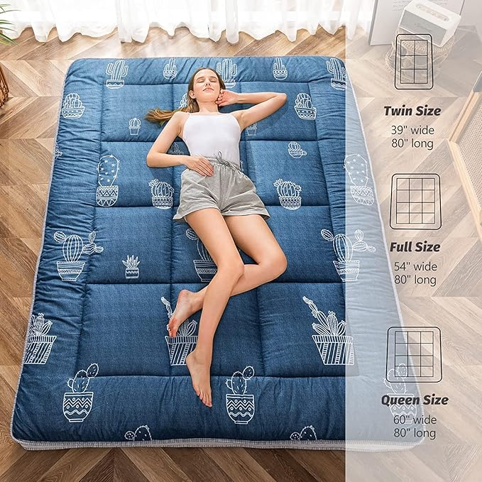 MAXYOYO Grey Cactus Pattern Twin Size Futon Mattress, Quilted Bed Mattress Topper, Extra Thick Folding Sleeping Pad, Breathable Floor Lounger, Guest Bed for Camping, Couch
