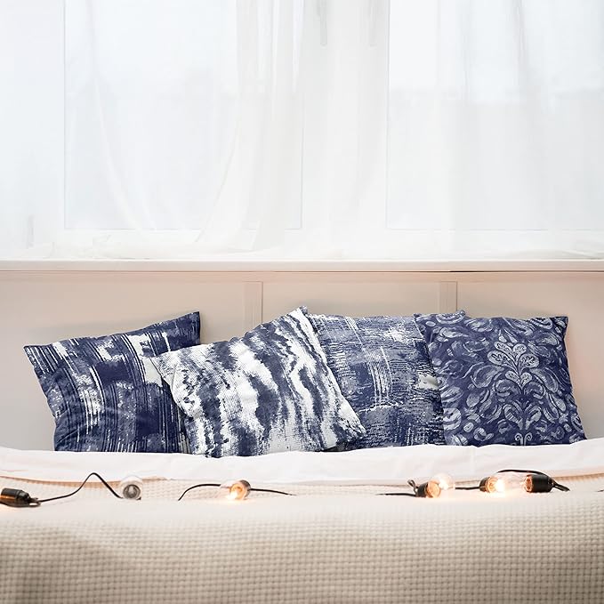 Ambesonne Vintage Throw Pillow Cushion Case Pack of 4, Abstract Grunge Effect Brushstrokes and Waving Striping Stains Paisley Drops, Modern Accent Double-Sided Digital Printing, 24", Violet Blue White