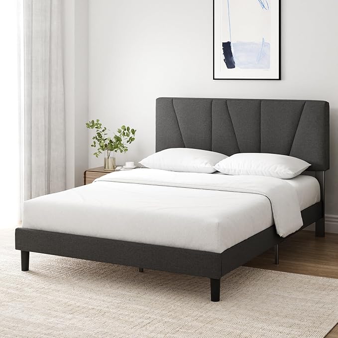 ZINUS King Maya Upholstered Bed Frame with Asymmetric Headboard, Durable Wooden Slats, Sturdy Framework, Noise Free Sleep, No Box Spring Needed, Easy Assembly, Eco Friendly Packaging, Dark Grey