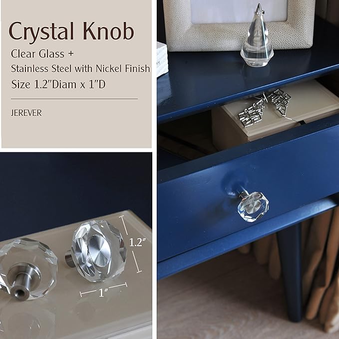 JEREVER 6 Pack Glass Crystal Knobs Brushed Nickel Drawer Pull Cabinet Handle for Dresser Kitchen (Polygon)