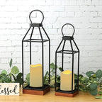 Perfnique Metal Lanterns w/ Pine Wood, Set of 2 Farmhouse Lantern Decorative w/ Waterproof Flameless Candle & Remote Timer, Modern Farmhouse Candle Holder for Outdoor, Porch, Fireplace(Wood Base)
