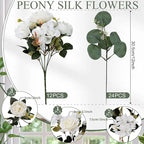 Peony Artificial Flowers, Faux Peonies Hydrangea Eucalyptus Bouquet 12 Packs Silk Vintage Realistic Peony Floral Arrangement for Wedding Centerpiece Table Vase Home Party Decor-Ivory White