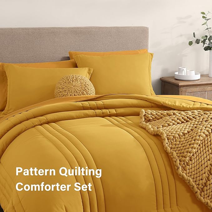 Monbix Full Comforter Set - 7 Pieces Bright Yellow Bed in a Bag Full Size Bedding Sets with Comforters, All Seasons Down Alternative Comforter with Sheets,Pillowcases & Shams
