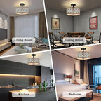 DLLT Flush Mount Ceiling Light: Modern 3-Light Semi Flush Mount Ceiling Light Fixture - Drum Kitchen Lighting Fixture for Dining Room - Black Bedroom Ceiling Lamp with Double Shade