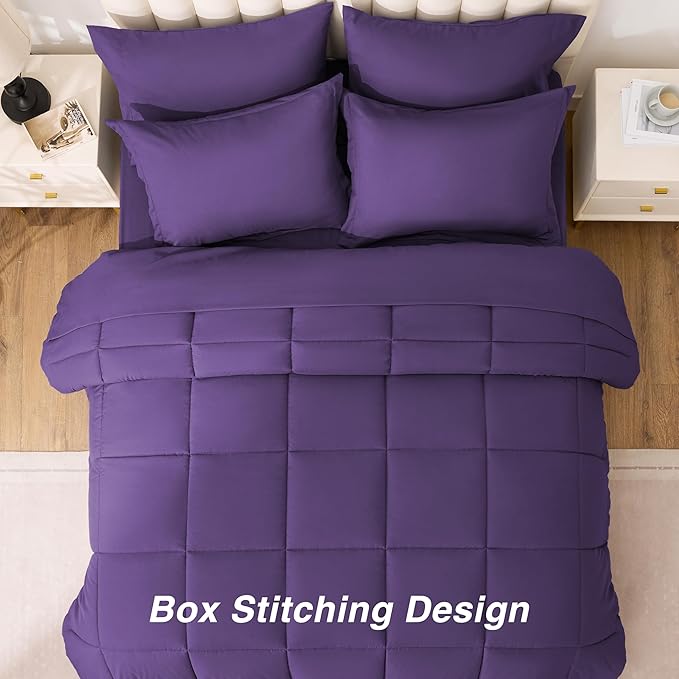 Love's cabin California King Comforter Set Dark Purple, 7 Pieces California King Bed in a Bag, All Season Bedding Sets with 1 Comforter, 1 Flat Sheet, 1 Fitted Sheet, 2 Pillowcase and 2 Pillow Sham