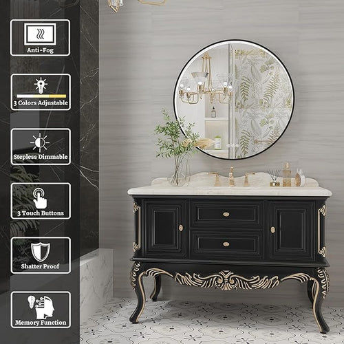 28 Inch Round LED Bathroom Mirror, Black Metal Framed Lighted Mirror for Bathroom, Wall Mouted LED Vanity Mirror with Lights, 3 Colors and Stepless Dimmable, Anti-Fog, Memory